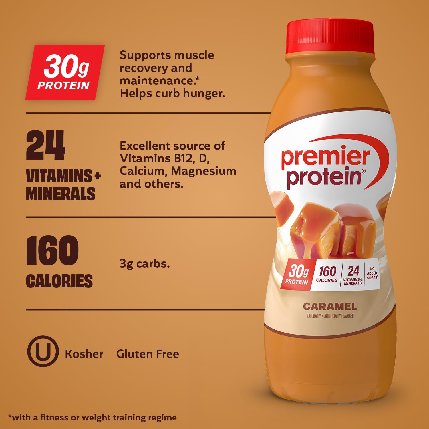 Premier Protein caramel side label close-up showing ingredient and vitamin list