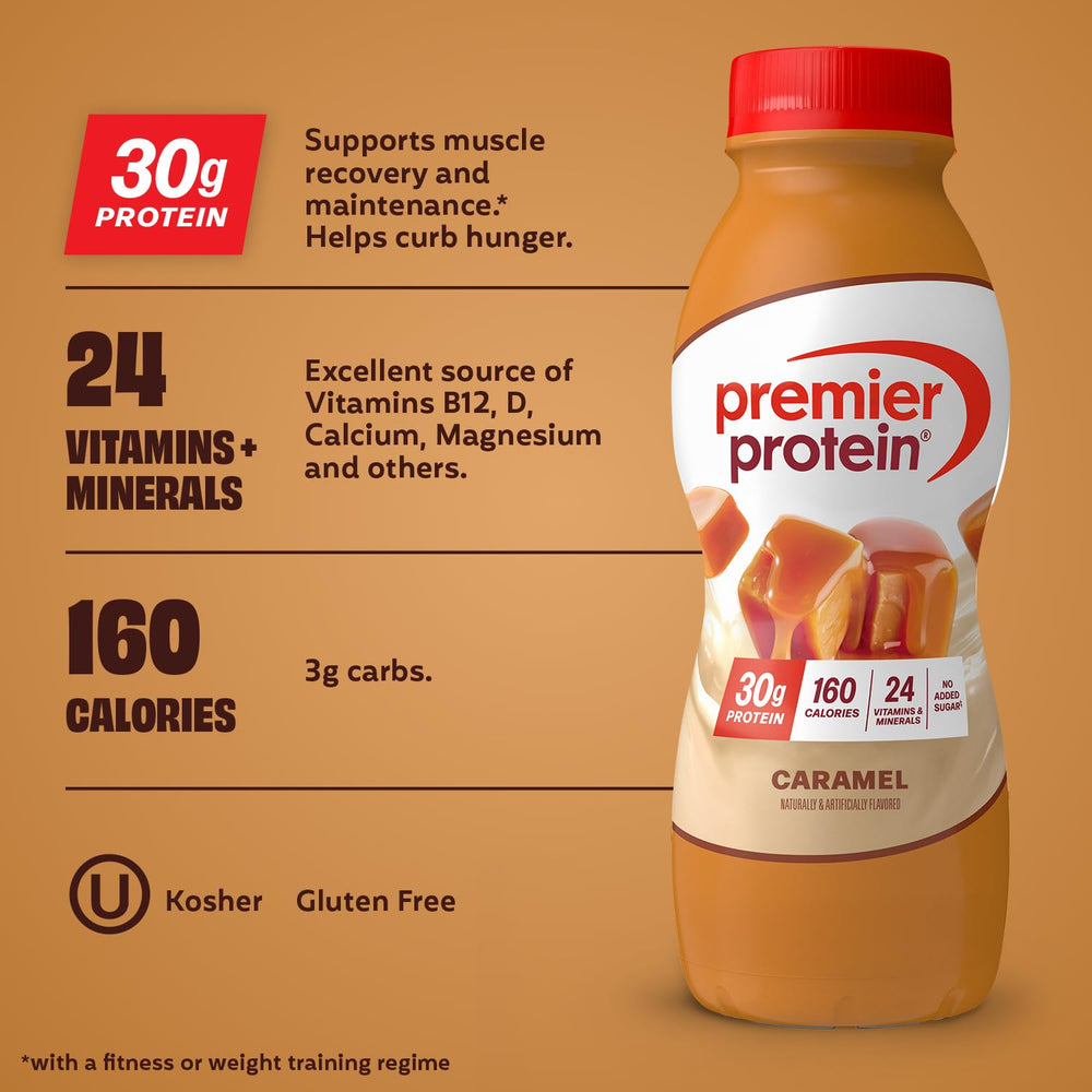 Premier Protein caramel side label close-up showing ingredient and vitamin list