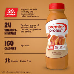 Premier Protein caramel side label close-up showing ingredient and vitamin list