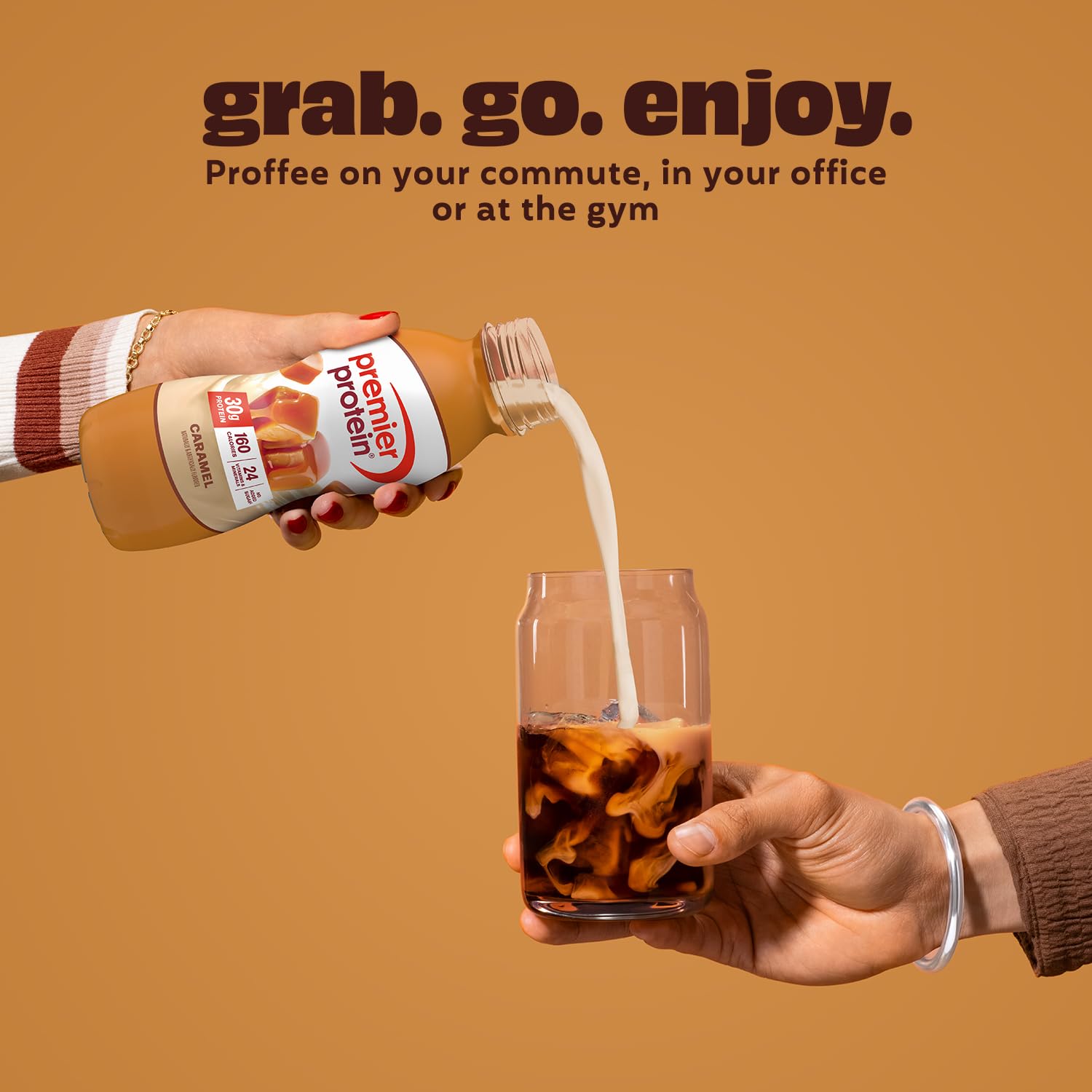 Premier Protein caramel close-up of shake texture illustrating smooth, rich mouthfeel