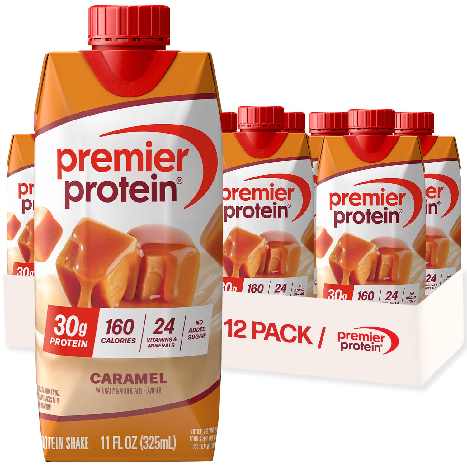 Premier Protein caramel front packaging showing carton and product name for easy identification