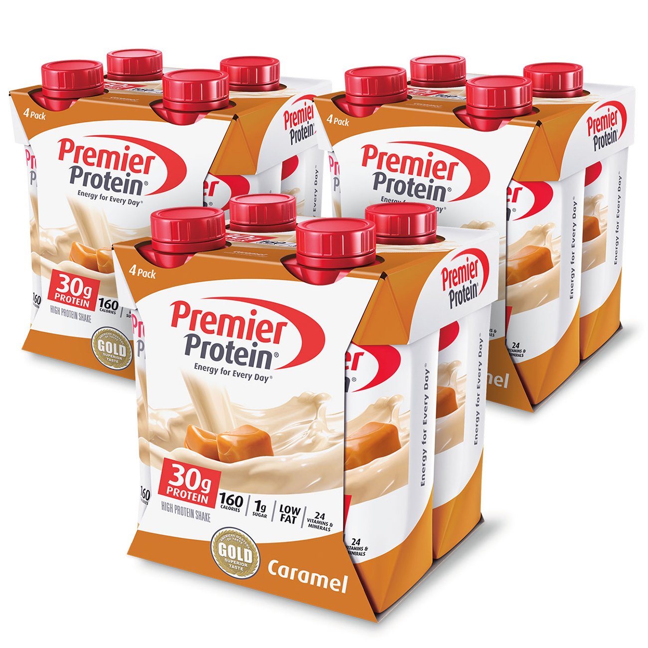 Premier Protein caramel front packaging showing product and flavor benefit