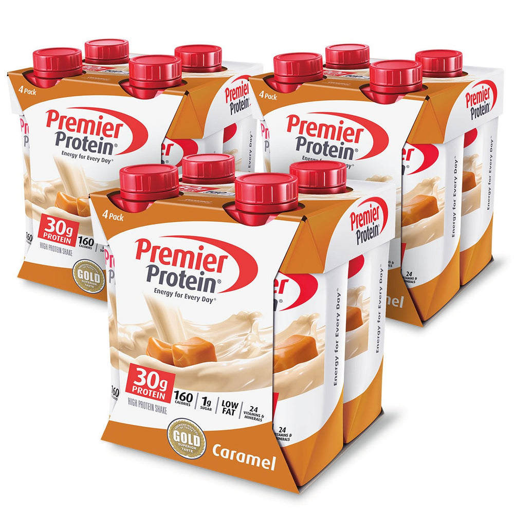 Premier Protein caramel front packaging showing product and flavor benefit