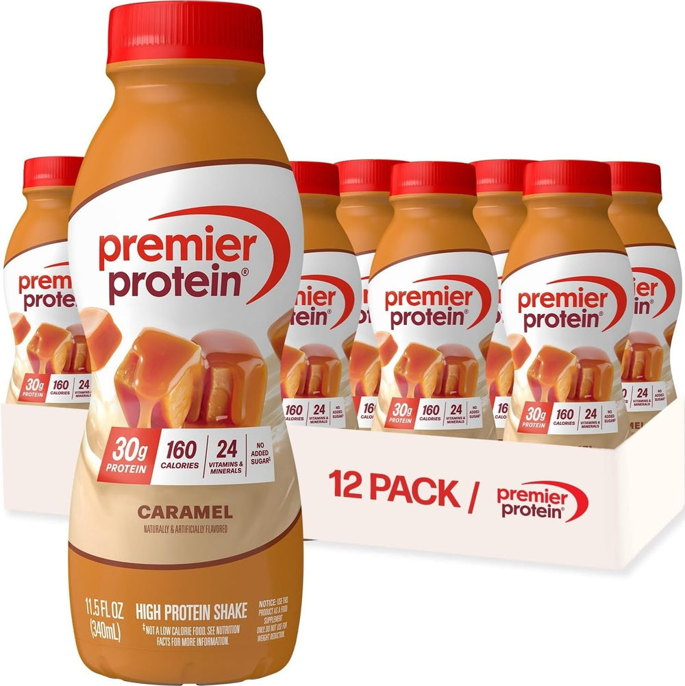 Premier Protein caramel front packaging showing bottle that highlights nutrition