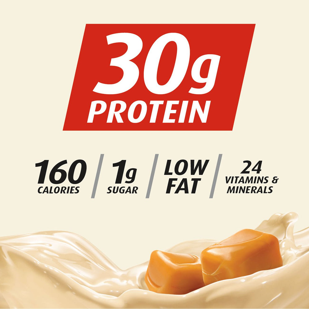 Premier Protein caramel being poured into a glass for quick consumption