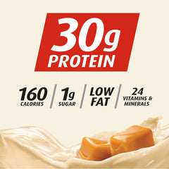 Premier Protein caramel being poured into a glass for quick consumption