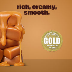 Premier Protein caramel pouring into glass demonstrating creamy texture and portability