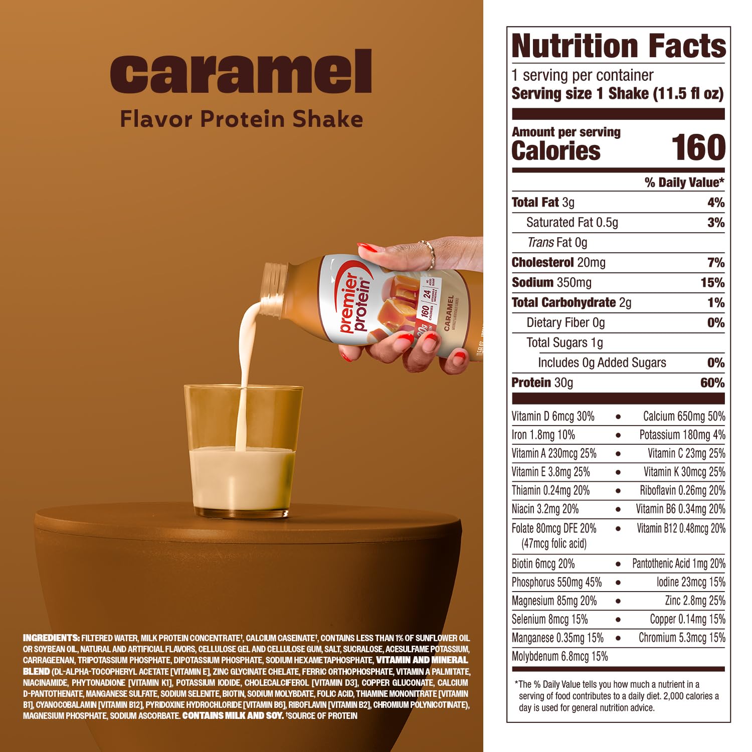 Premier Protein caramel in hand for size comparison showing portable portion benefit