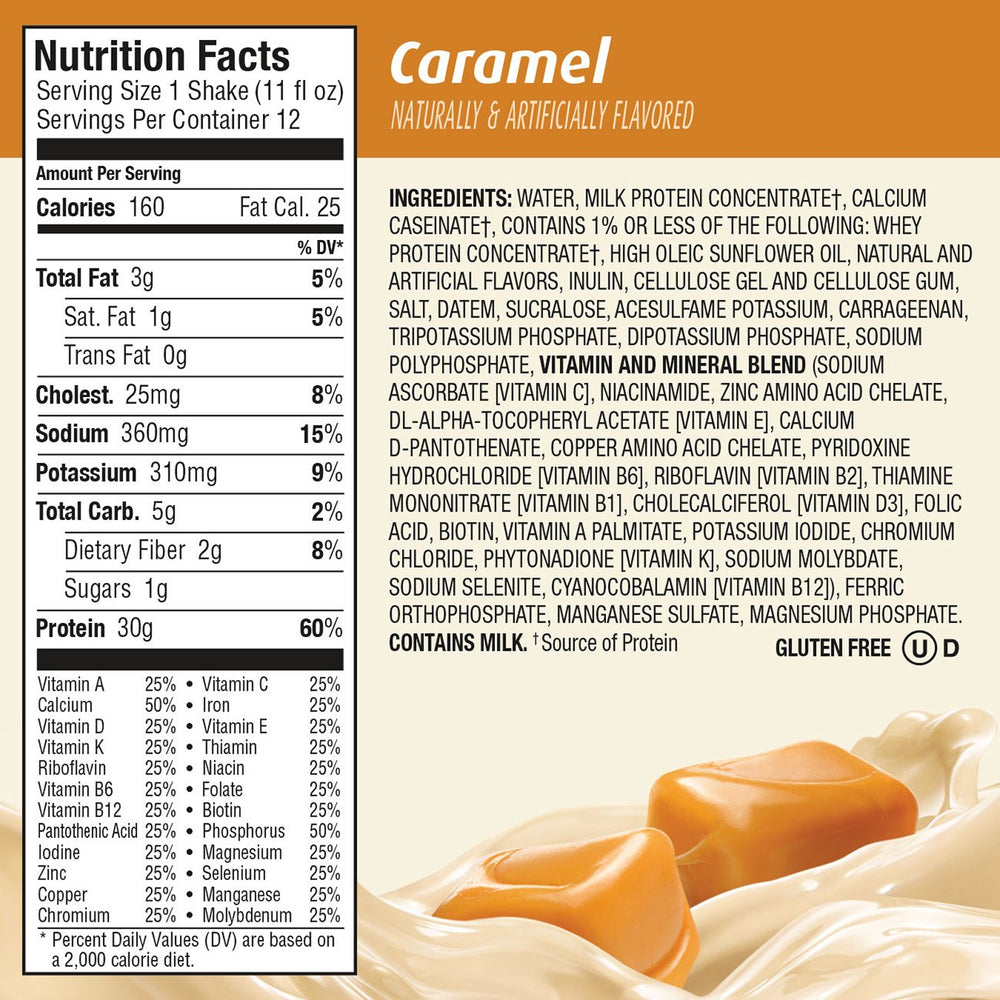 Premier Protein caramel held in hand to show convenient size and portability