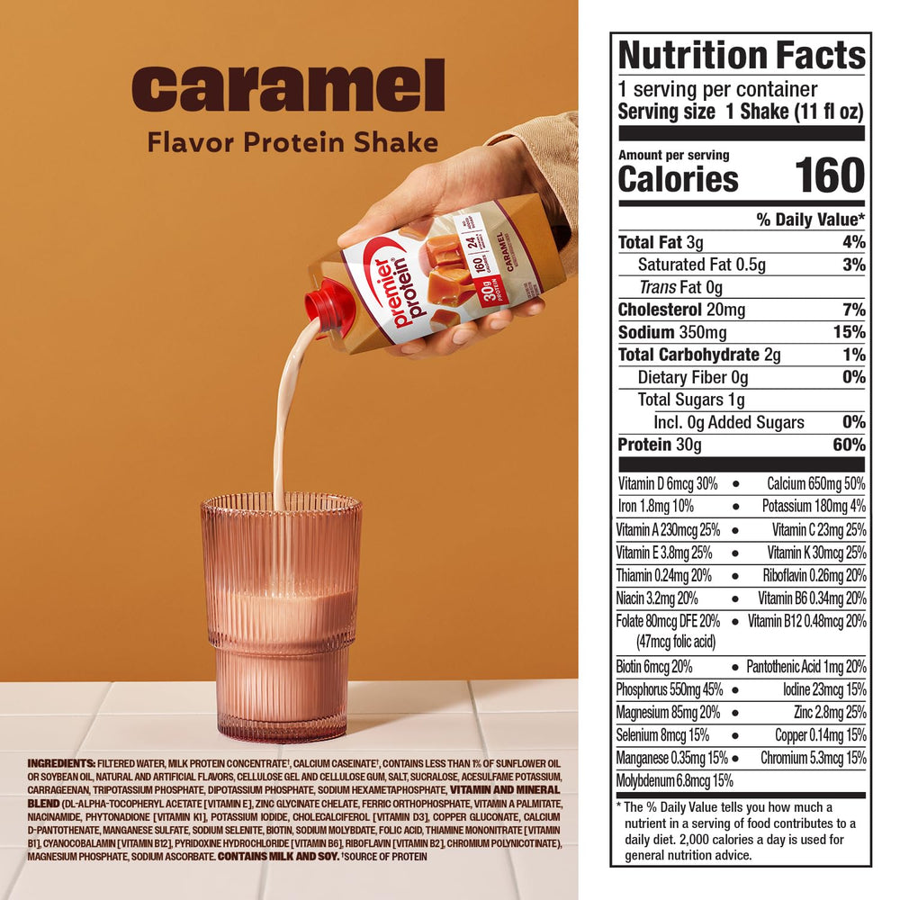 Premier Protein caramel beside a smartphone and keys to show 11oz carton portable size benefit