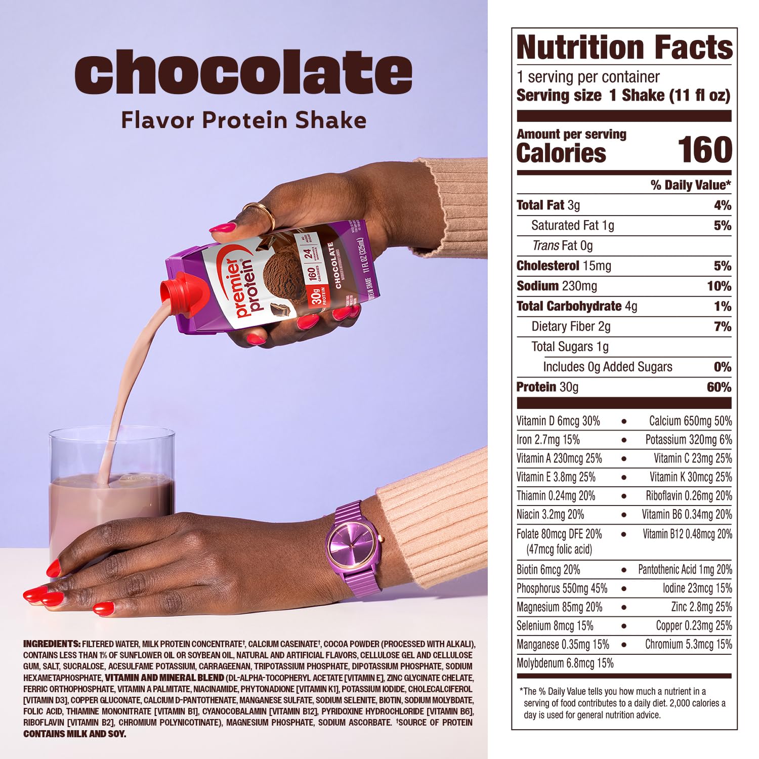 Premier Protein chocolate blended into smoothie for quick meal option