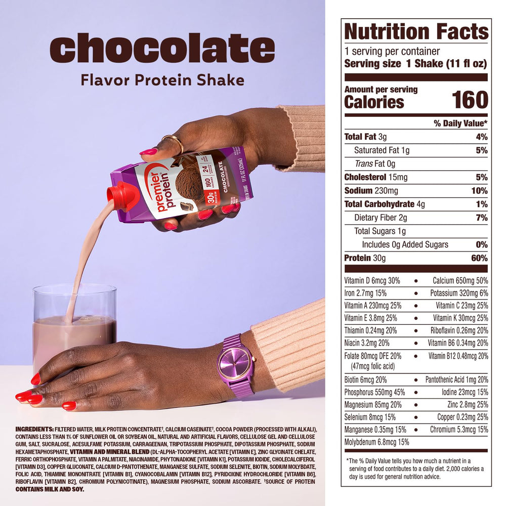 Premier Protein chocolate blended into smoothie for quick meal option