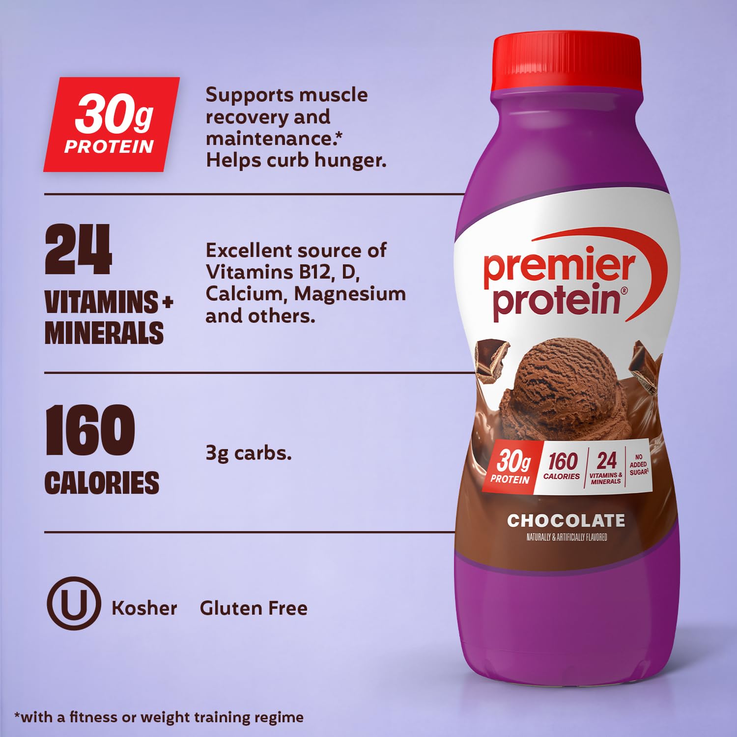 Premier Protein close-up label displaying 30g protein and 24 vitamins, clear ingredient benefit