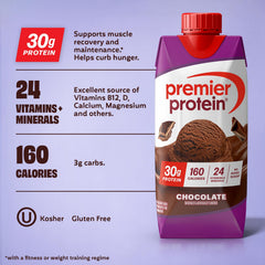 Premier Protein chocolate bottle label detailing nutrition and benefits