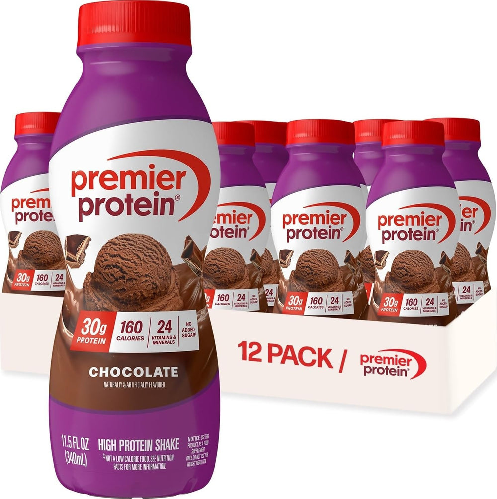 Premier Protein chocolate front packaging showing 12-pack for convenient supply