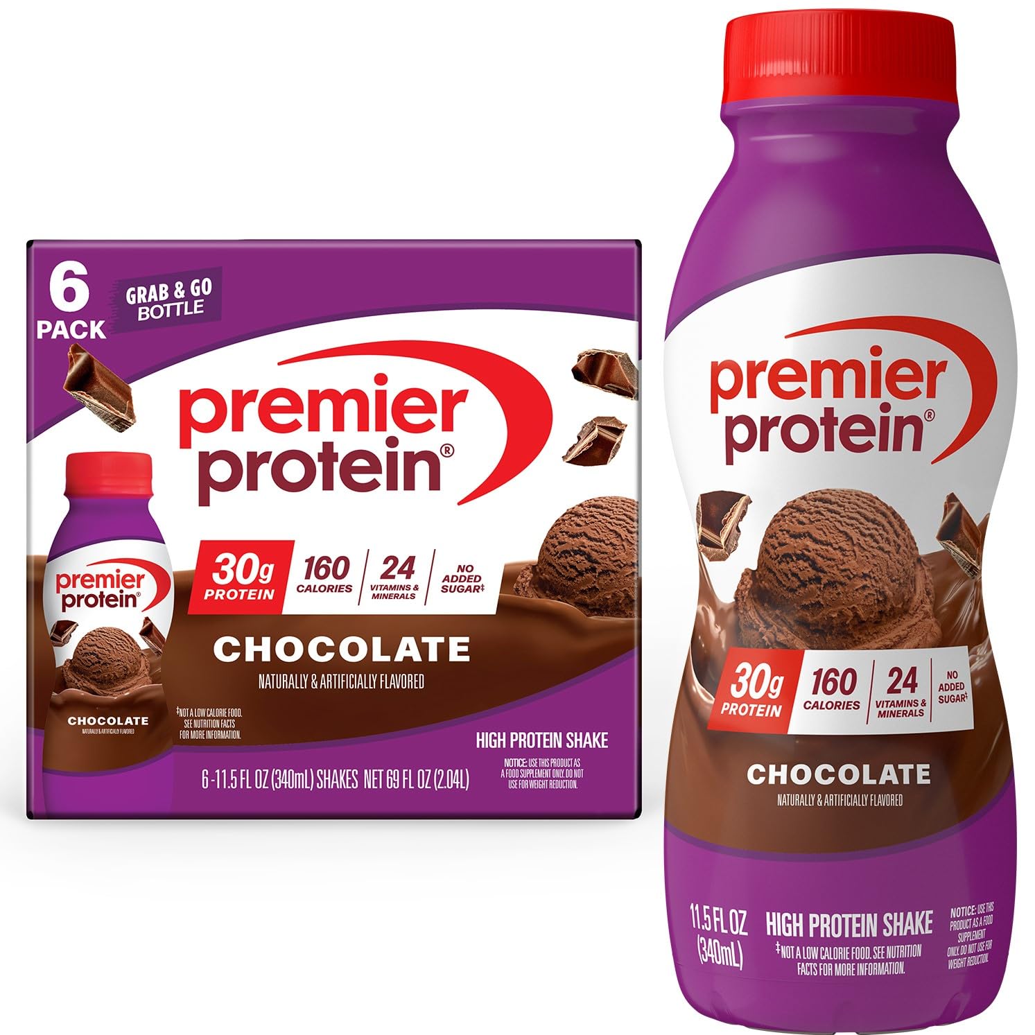 Premier Protein front packaging showing chocolate shake and nutrition highlights, convenient protein
