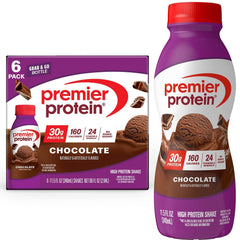 Premier Protein front packaging showing chocolate shake and nutrition highlights, convenient protein