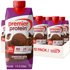 Premier Protein chocolate front packaging showing 12-pack and convenience