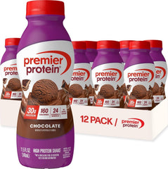 Premier Protein chocolate front packaging showing 12-pack for convenient supply