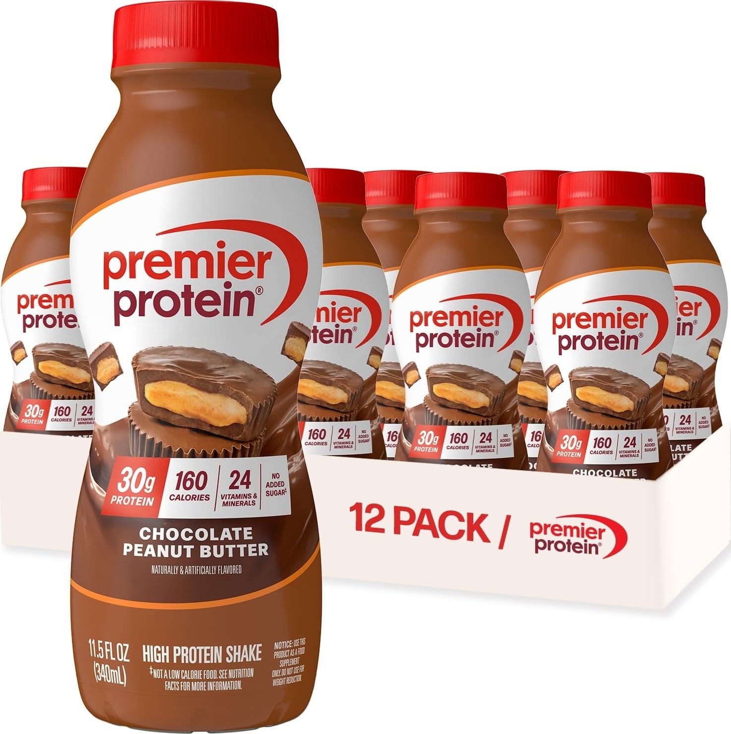 Premier Protein front packaging showing chocolate peanut butter flavor and convenience