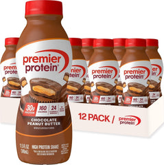 Premier Protein front packaging showing chocolate peanut butter flavor and convenience