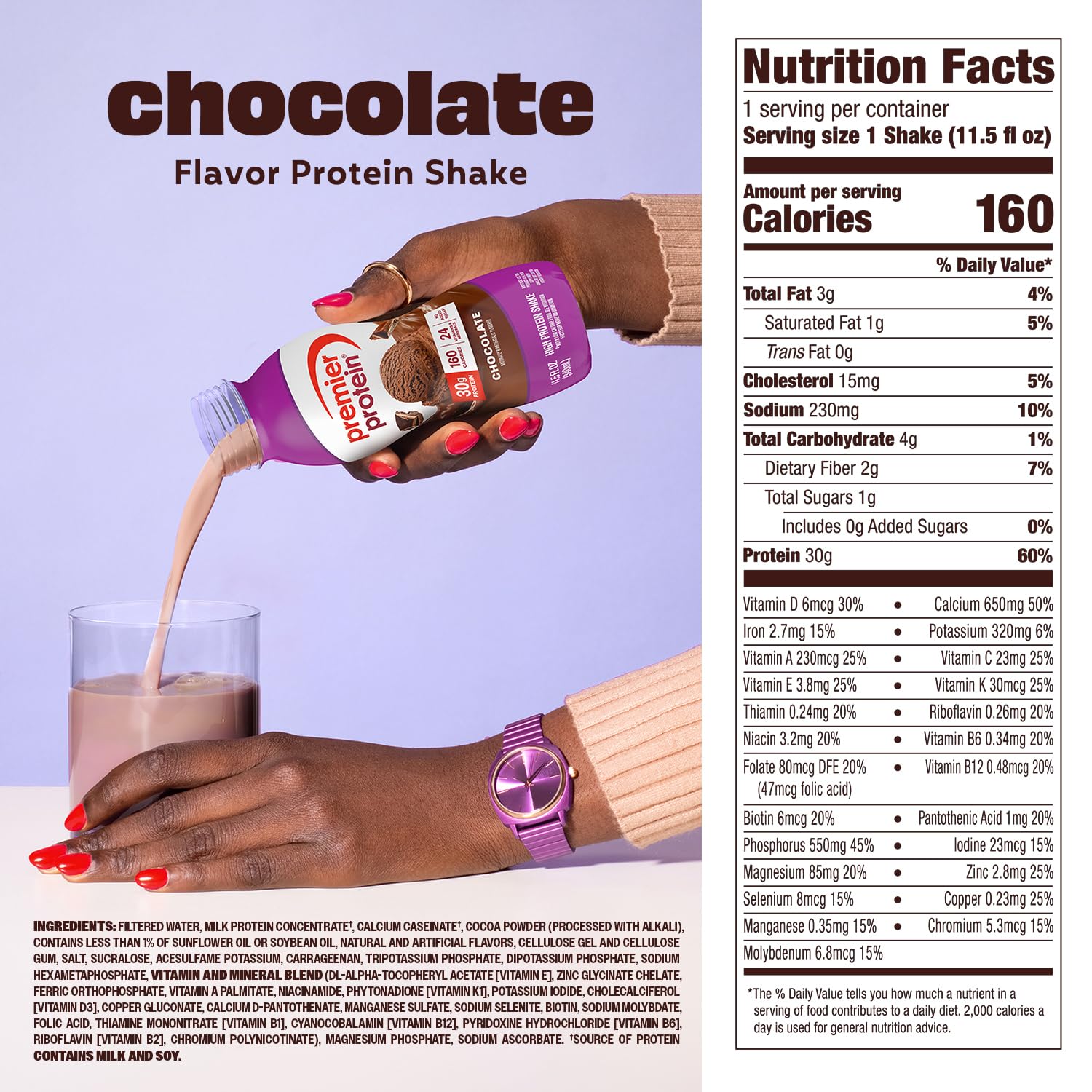 Premier Protein chocolate next to an 11.5 oz measuring cup for size clarity