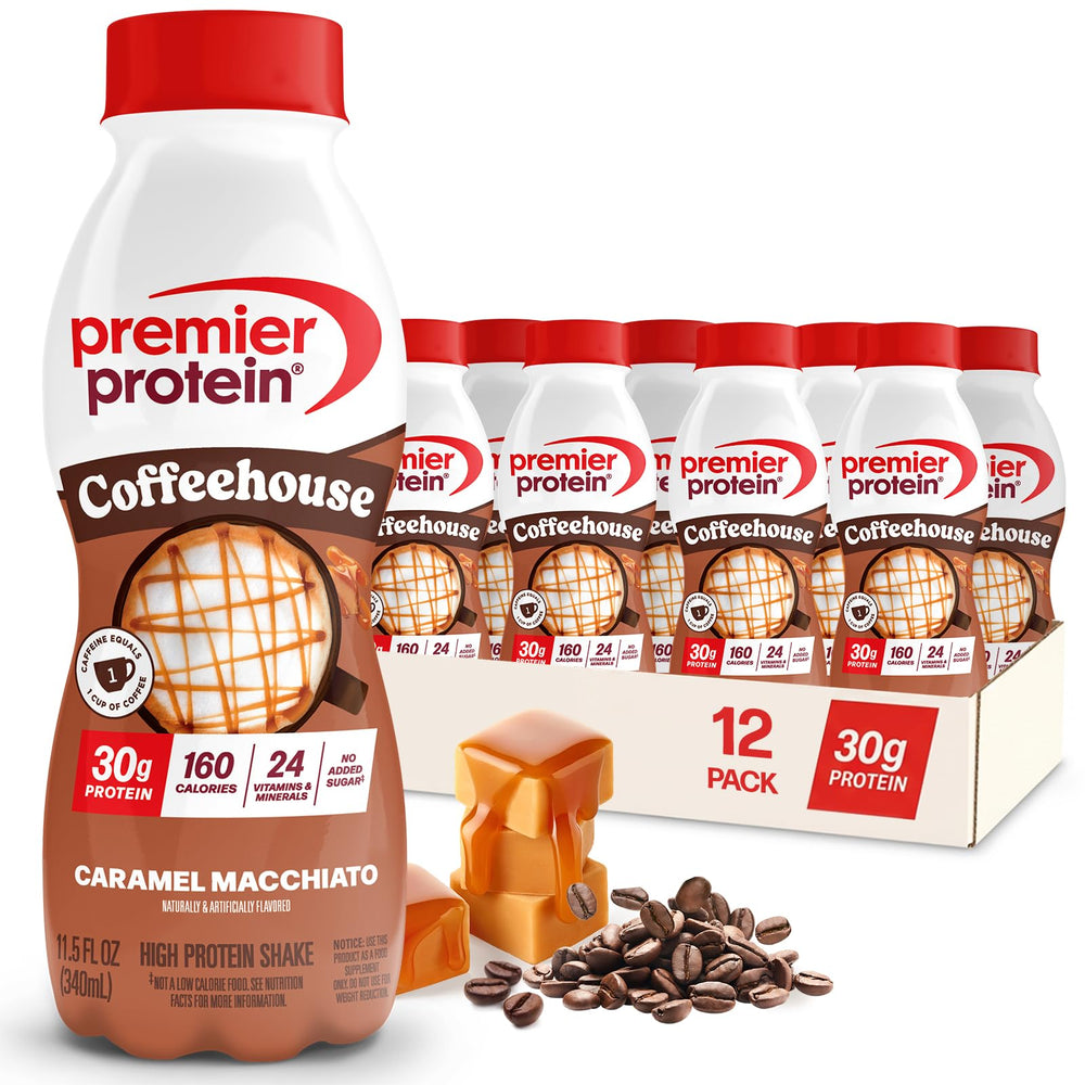 Premier Protein front packaging showing 12-pack and ready-to-drink convenience