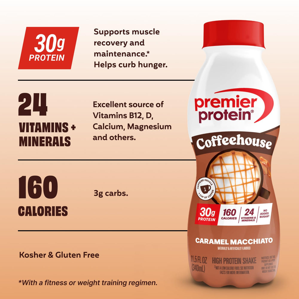 Premier Protein pour with coffee-like foam showing smooth texture and flavor