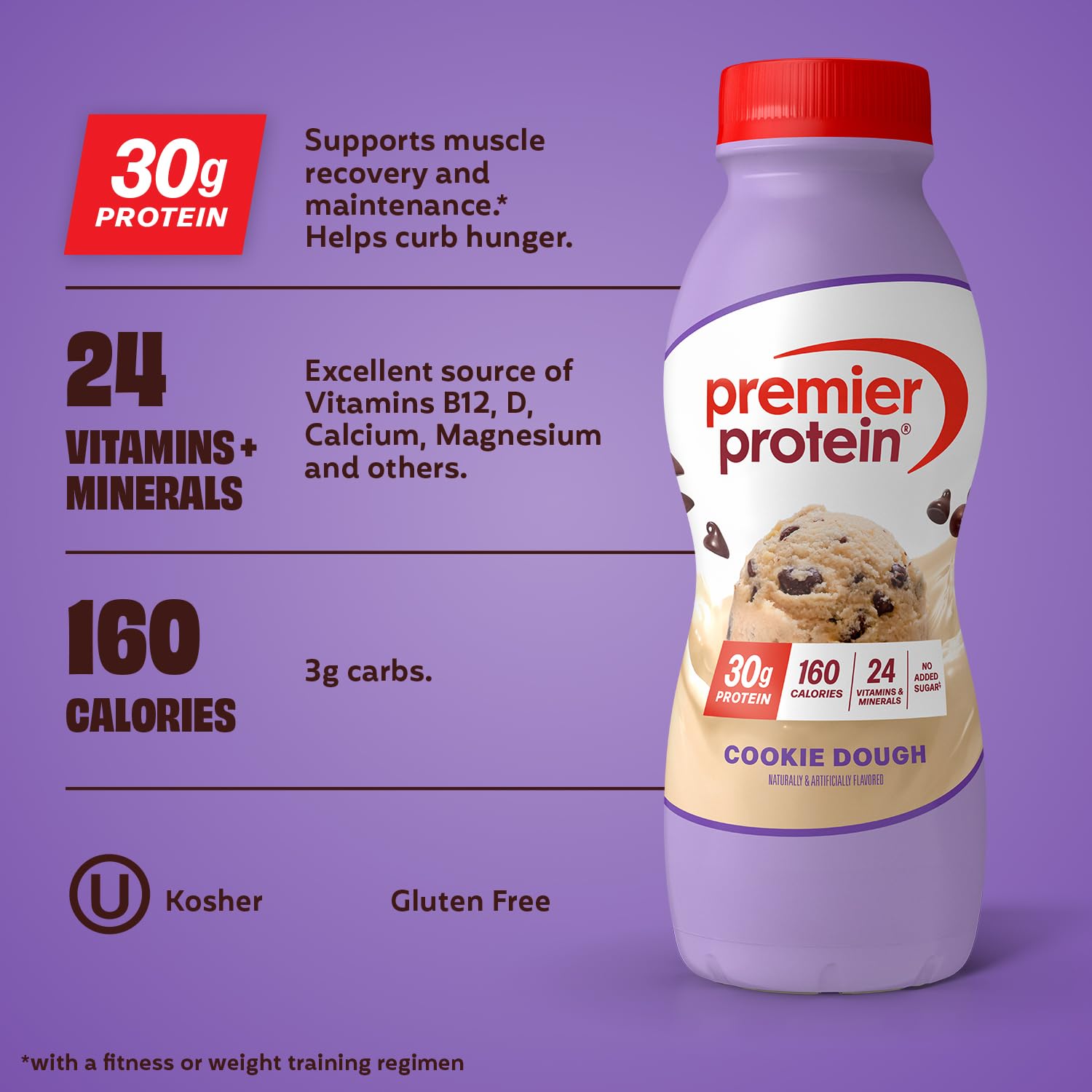 Premier Protein close-up of label highlighting 30g protein and 1g sugar