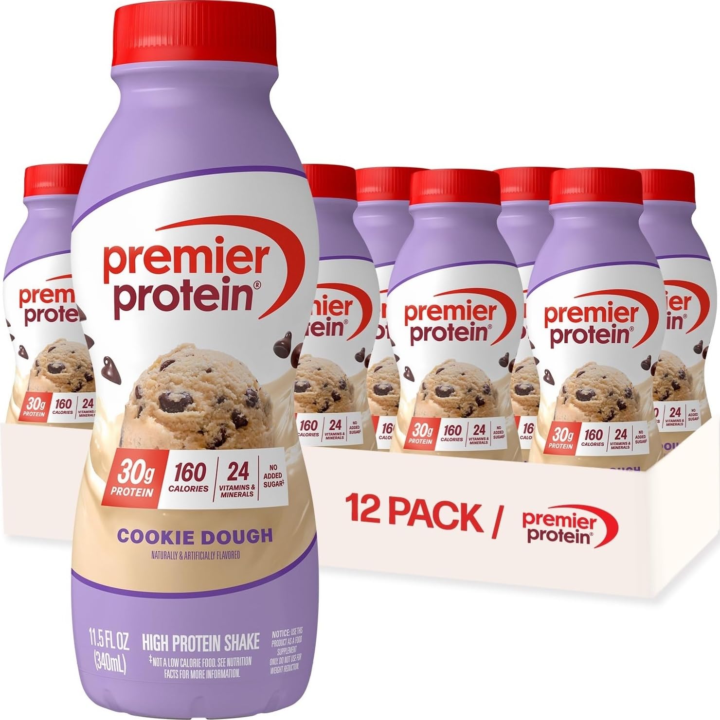 Premier Protein bottle front packaging showing cookie dough flavor and benefits