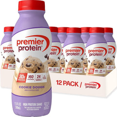 Premier Protein bottle front packaging showing cookie dough flavor and benefits