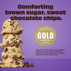 Premier Protein poured into glass demonstrating creamy cookie dough texture