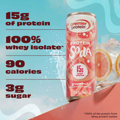 Premier Protein being poured into a glass illustrating clear, sparkling refreshment