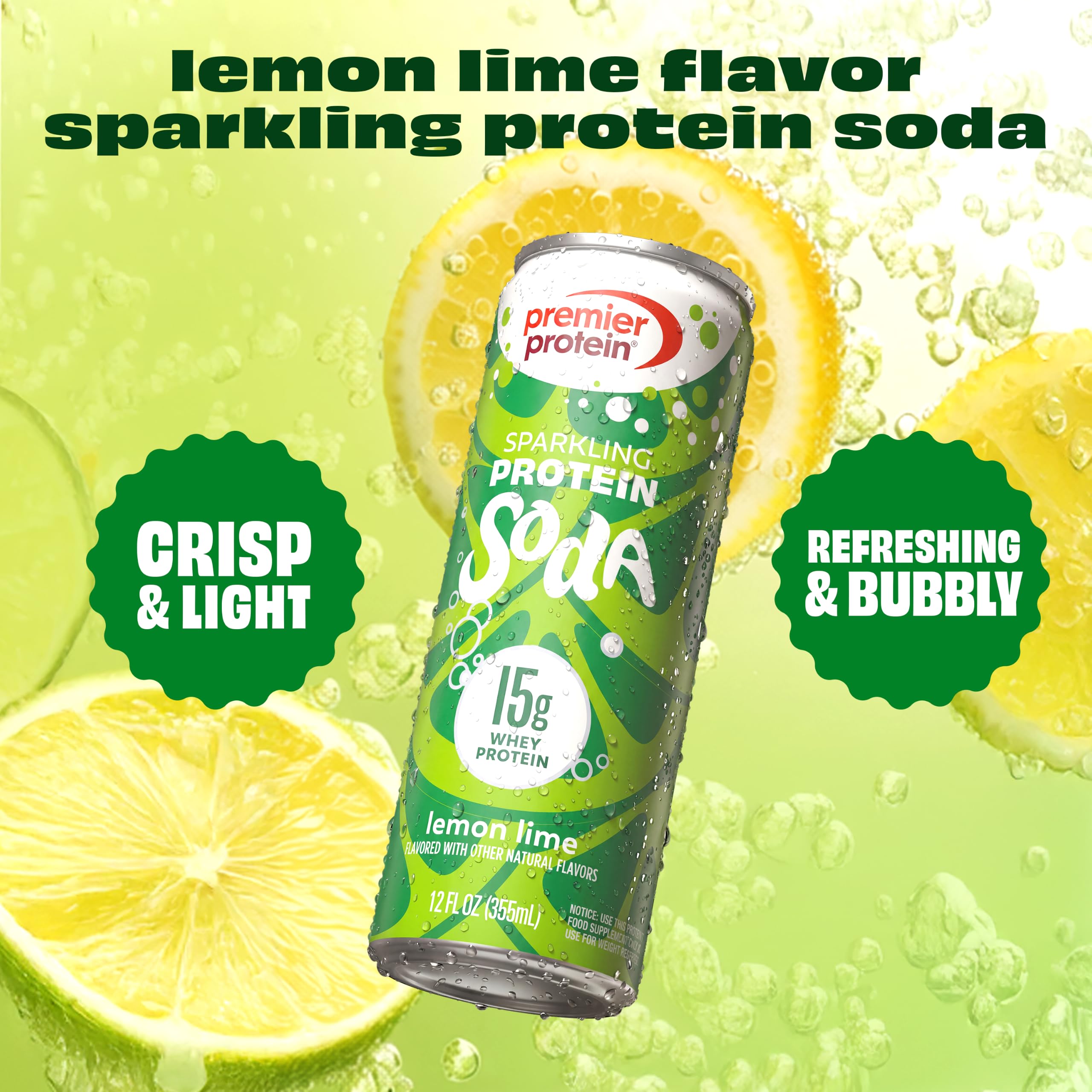 Premier Protein Lemon Lime open can being poured to show clear sparkling texture and enjoyment