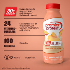 Premier Protein bottle close-up label showing Peaches & Cream flavor and macro benefits