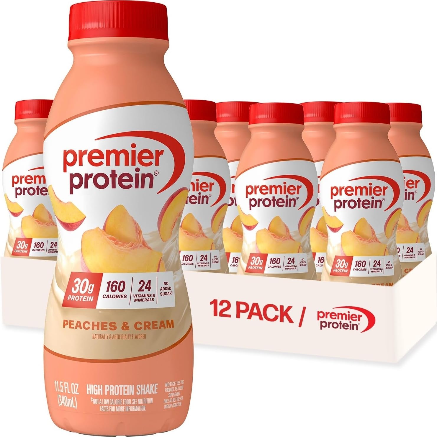 Premier Protein front packaging showing 12-pack and nutritional highlights, convenient protein