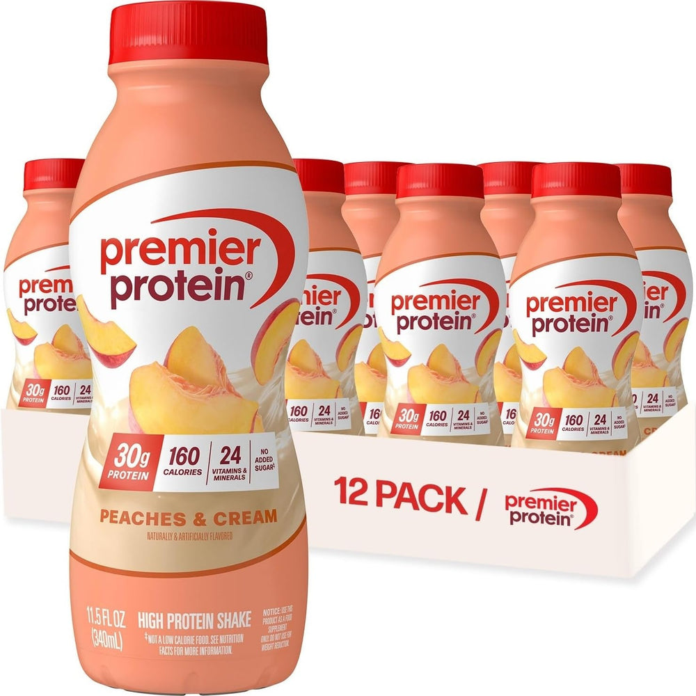 Premier Protein front packaging showing 12-pack and nutritional highlights, convenient protein