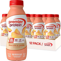 Premier Protein front packaging showing 12-pack and nutritional highlights, convenient protein