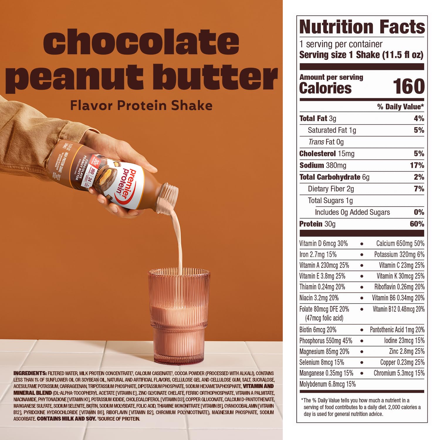 Premier Protein next to smartphone showing 11.5 oz size and portable benefit