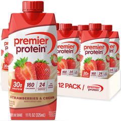 Premier Protein front bottle view showing strawberries & cream flavor and serving size