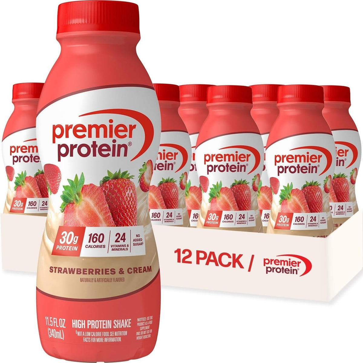Premier Protein front packaging showing bottle and label, convenient ready-to-drink benefit