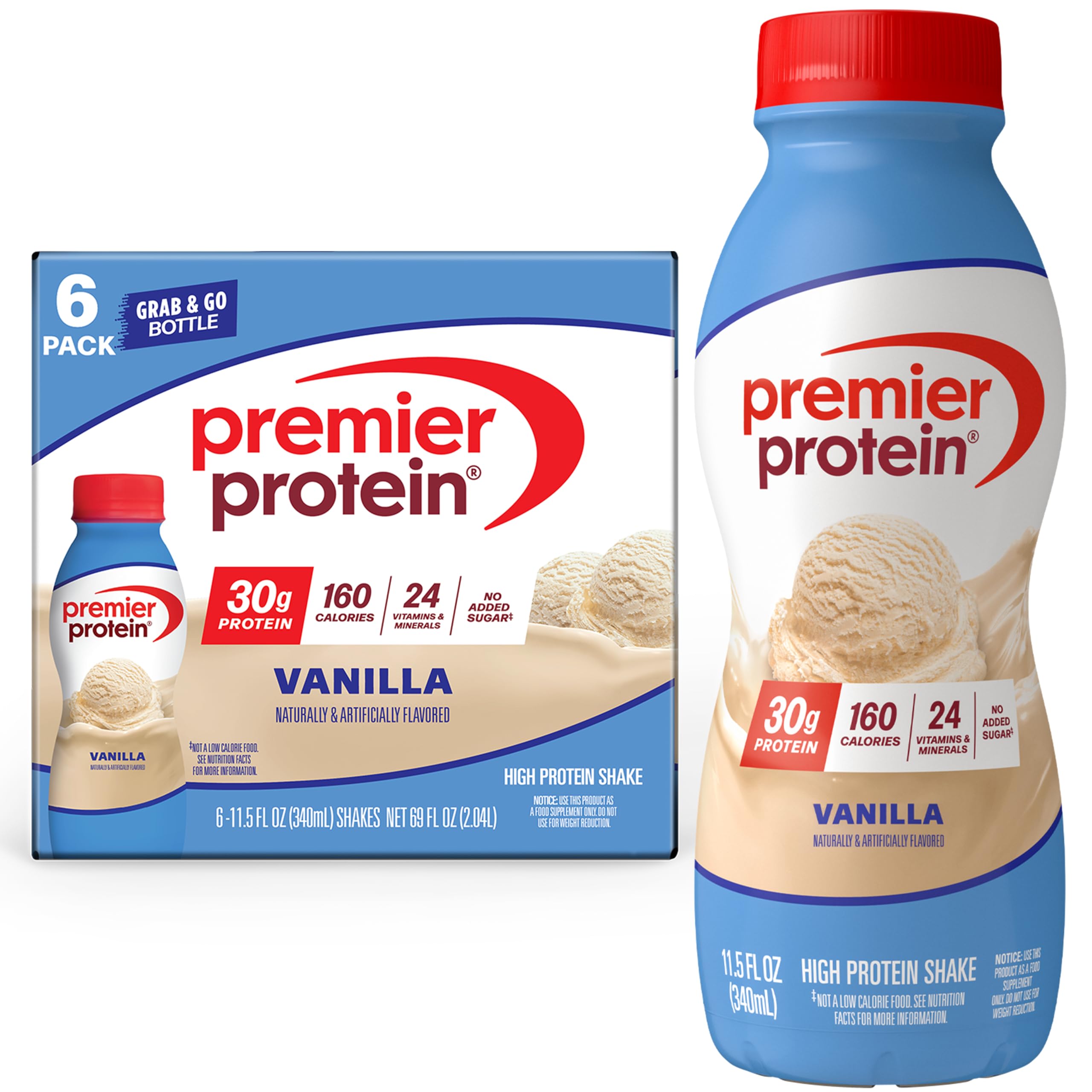 Premier Protein vanilla front bottle showing packaging and ready-to-drink benefit