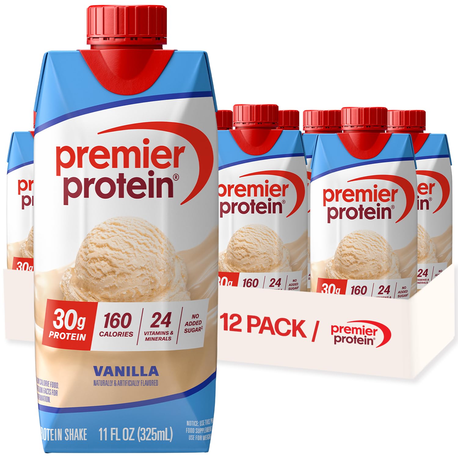 Premier Protein vanilla front packaging showing carton and serving benefits