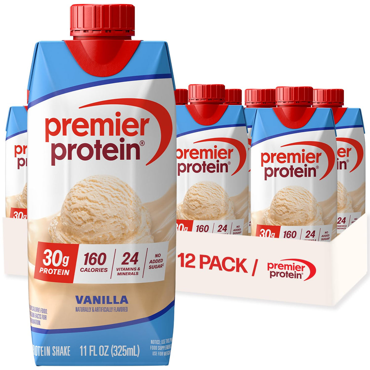 Premier Protein vanilla front packaging showing carton and serving benefits