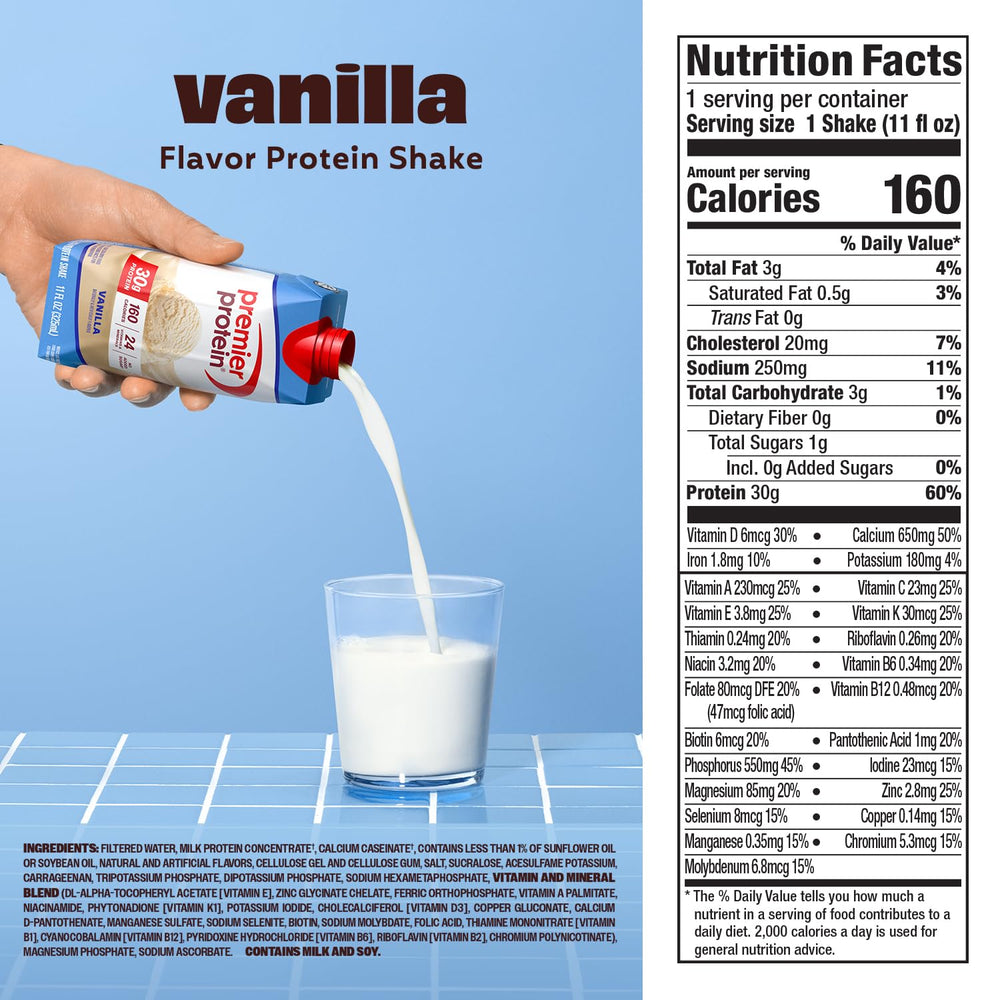 Premier Protein vanilla carton held in hand demonstrating portable 11oz convenience