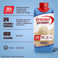Premier Protein vanilla tetra pak close-up highlighting secure shelf-stable packaging