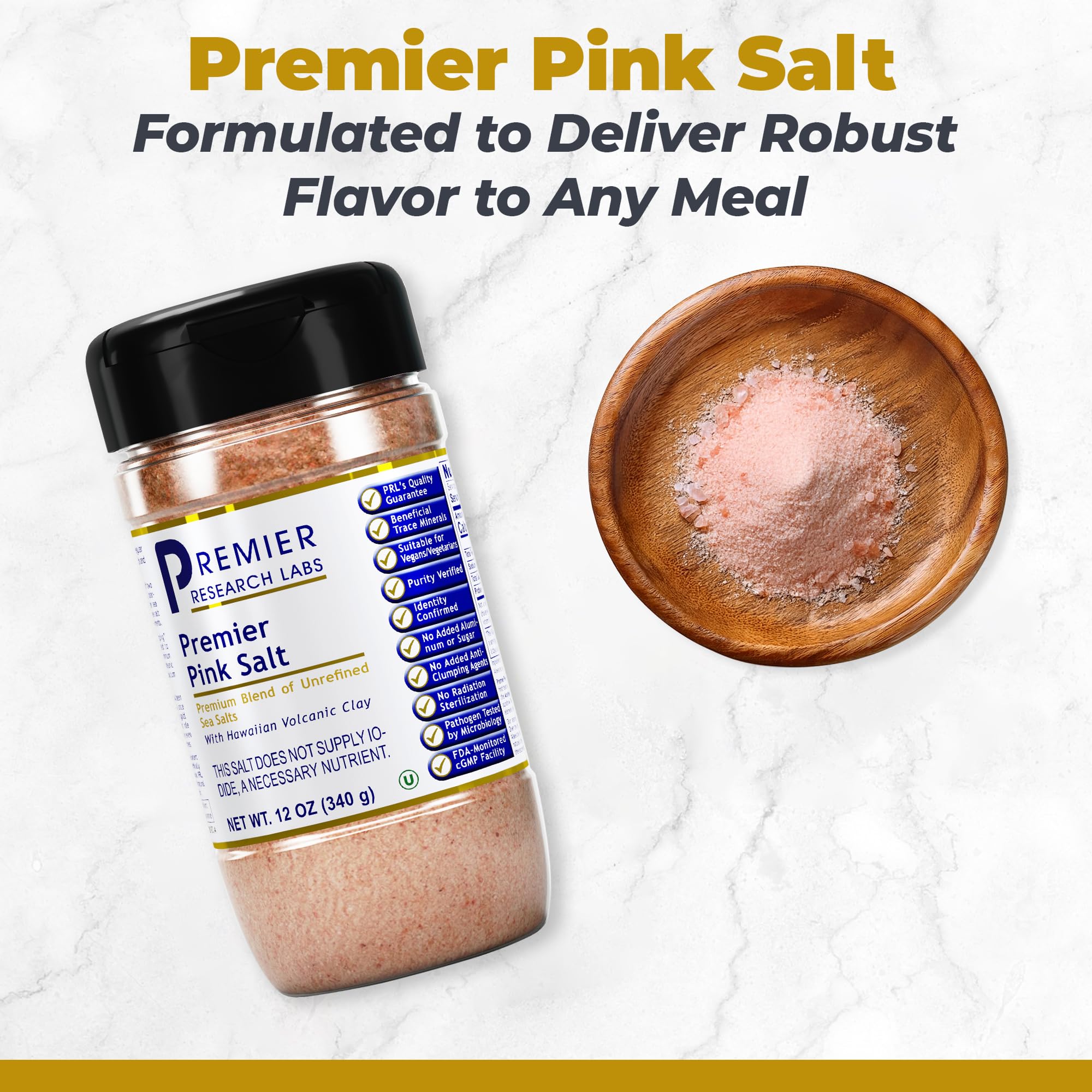 Premier Research Labs jar open with pink salt visible for easy scooping