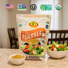 Premium Gold freshly ground flax in bowl demonstrating easy prep benefit