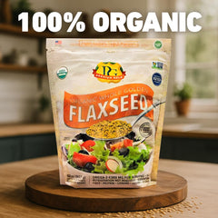 Premium Gold close-up of golden flax seeds highlighting texture and mild flavor benefit