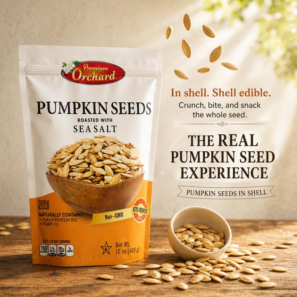Premium Orchard close-up of pumpkin seed shells highlighting crunchy texture